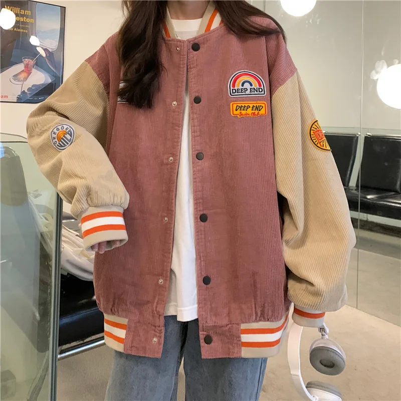 Corduroy ปัก Jaket Baseball ฤดูใบไม้ผลิและในฤดูใบไม้ร่วงผู้ชายและผู้หญิงคู่ Retro Harajuku Street Trend หลวมเสื้อ