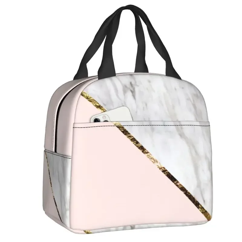 Marble Blush Geo Insulated Lunch Bag for Women Leakproof Thermal Cooler Bento Box Kids School Children