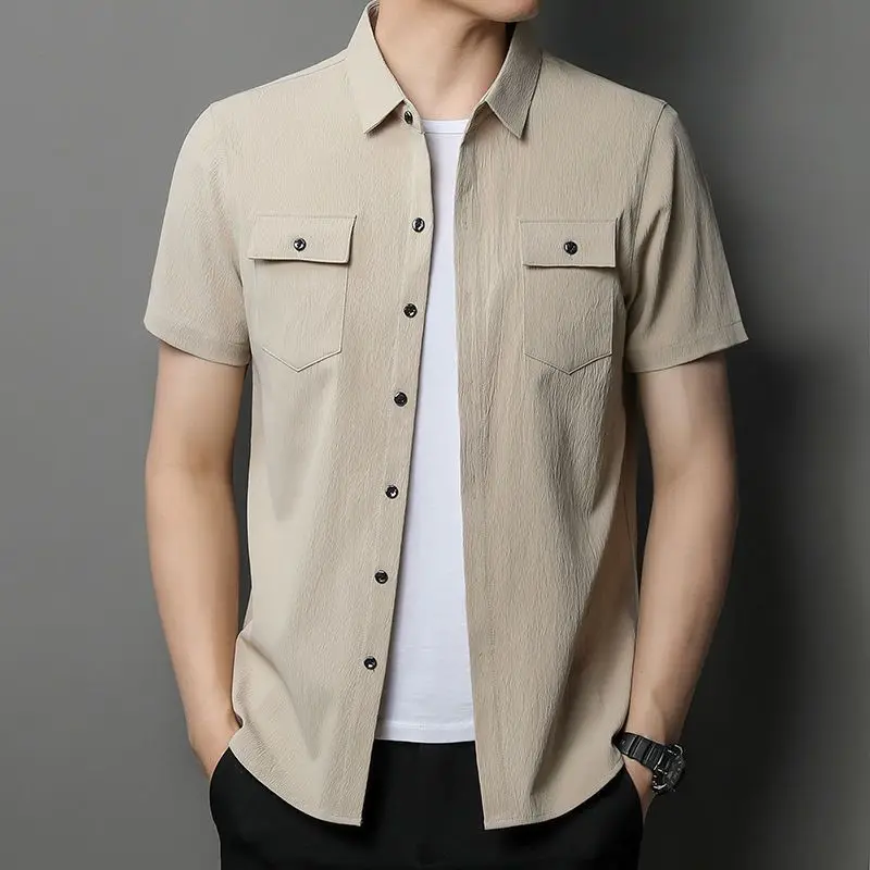 Safari Style Men Short Sleeve Shirt Summer New Fashion Male Clothes Korean Streetwear Casual Loose Solid Pocket Button Tops 2023