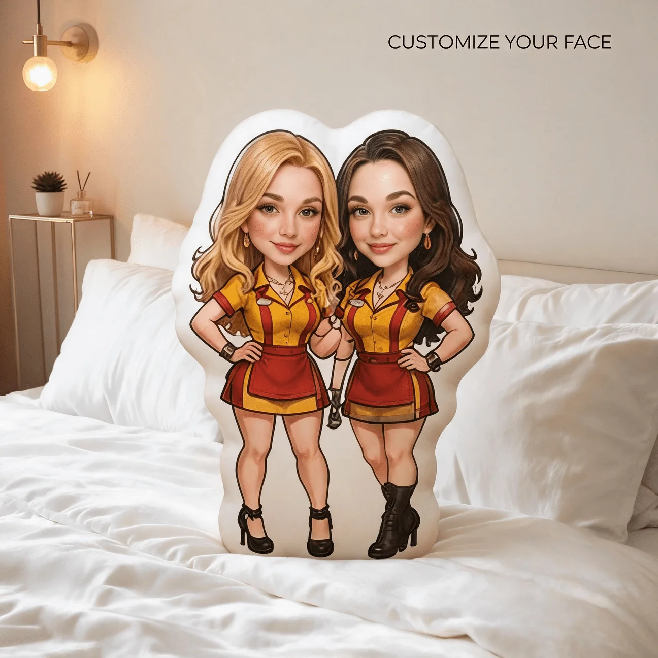 Custom Photo Shaped Pillow, Personalized Cartoon Style Friend Portrait Decorative Cushion, Yellow Red Uniform Design Home Decor
