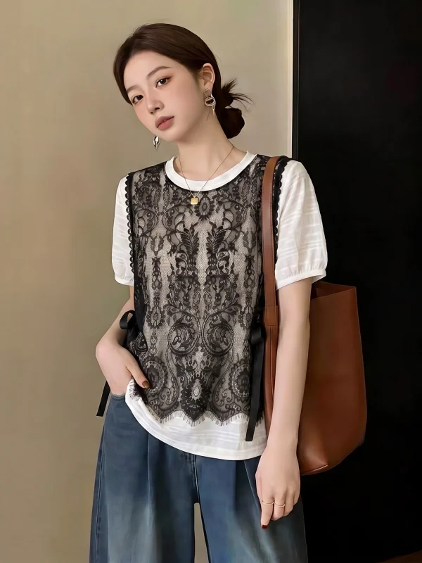 

Fashionable Lace Hook Embroidery Short Sleeve Shirt Women's plus Size Summer New Style Design Sense Fake Two-Piece Top