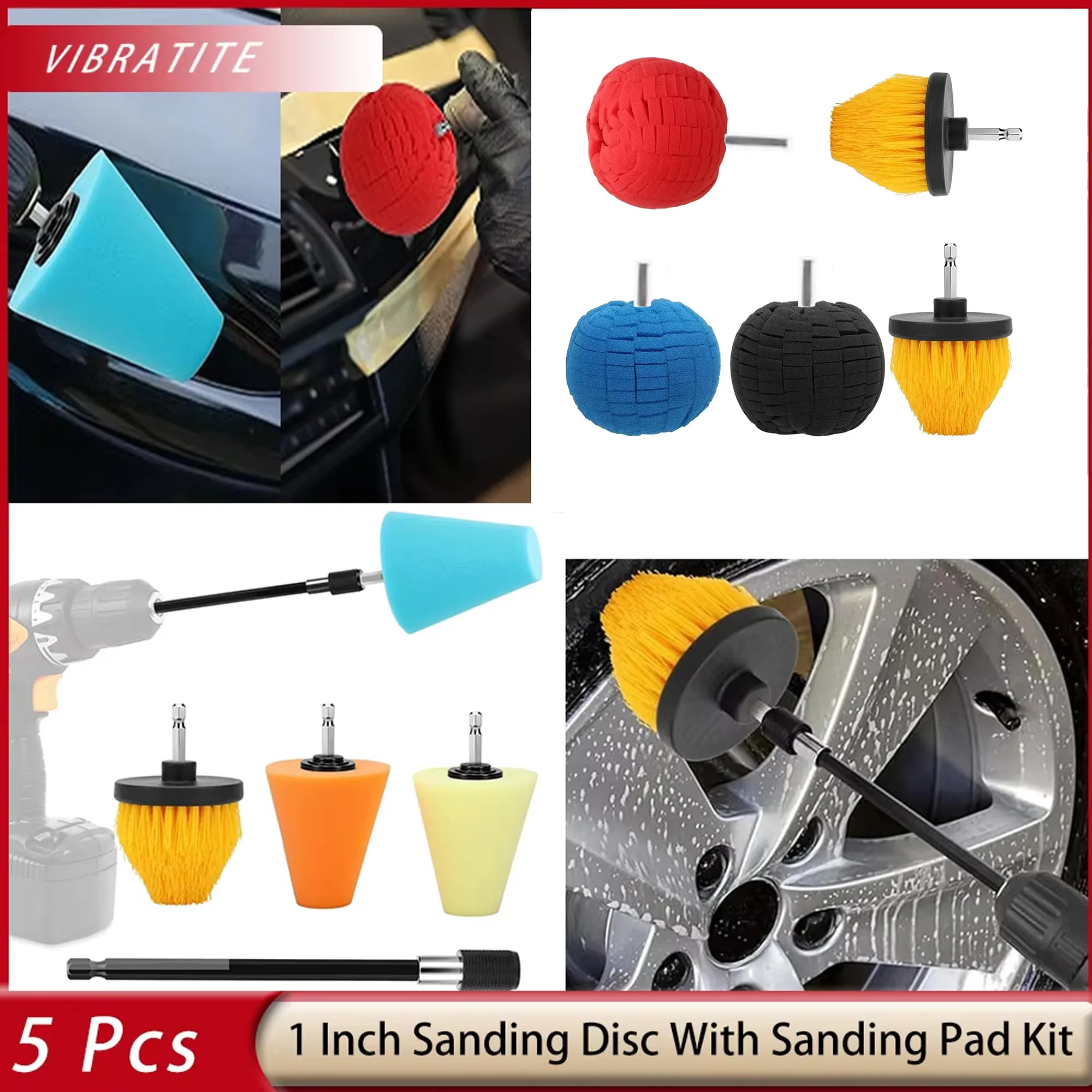 5PCS Ball/Cone Drill Polishing Sponge Set with Long Extension Pole Cleaning Brush Buffing Ball for 1/4