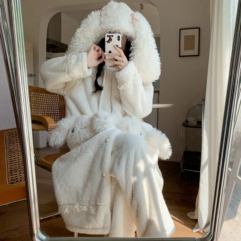 

coral fleece Women's pajamas autumn winter thicken Sleepwear keep warm cute cartoon Cotton Pajama Set flannel robe suit homewear
