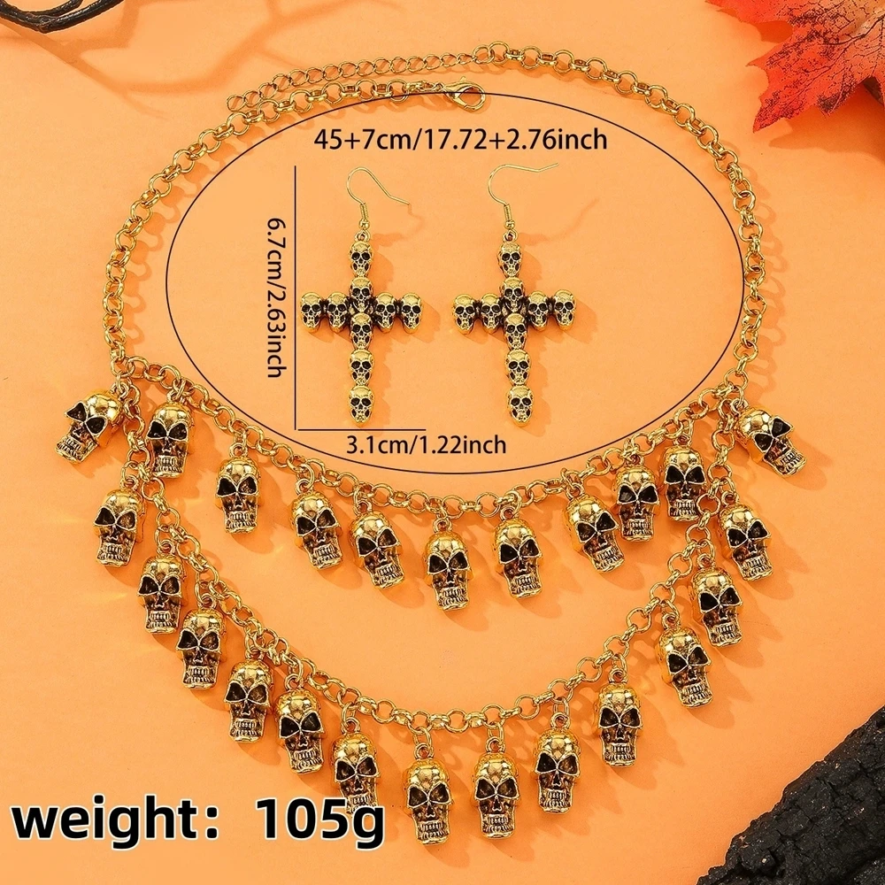 مجموعة مجوهرات الهالوين القوطية الشرير خمر طبقة مزدوجة سبيكة الجمجمة شرابة قلادة وأقراط النساء اكسسوارات الحفلات #3