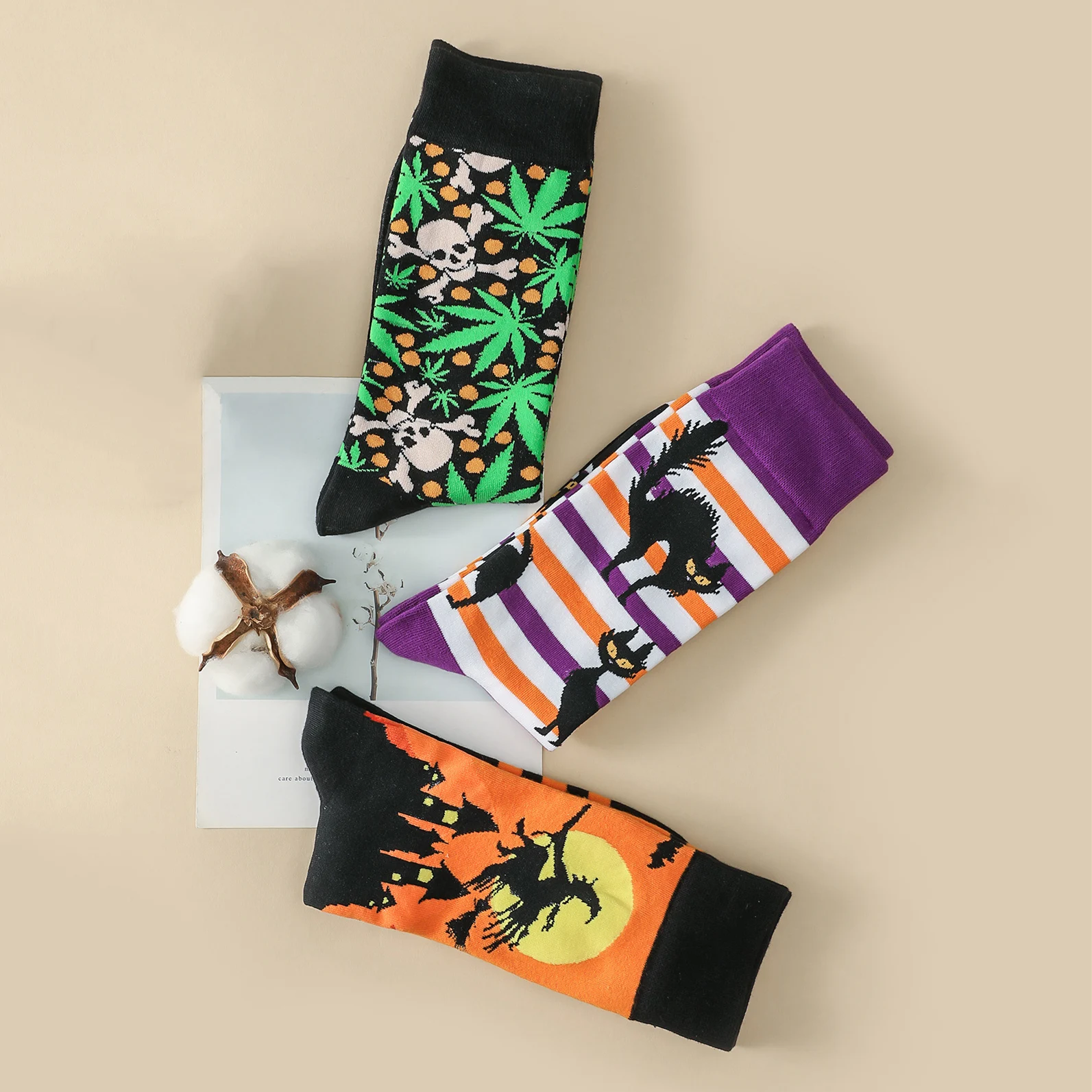 3 Pairs/Pack Women Men\'s Halloween Socks Skeleton Witch Cat Pattern Trendy Crew Socks Autumn Winter Unisex Socks Streetwear