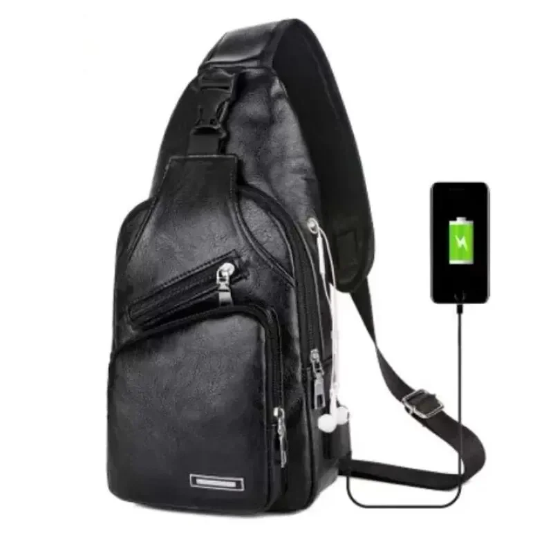 

MEN'S Chest Bag Crossbody Bag for Commuting Simple and Fashionable Casual Solid Color PU Multifunctional USB Charging Zipper