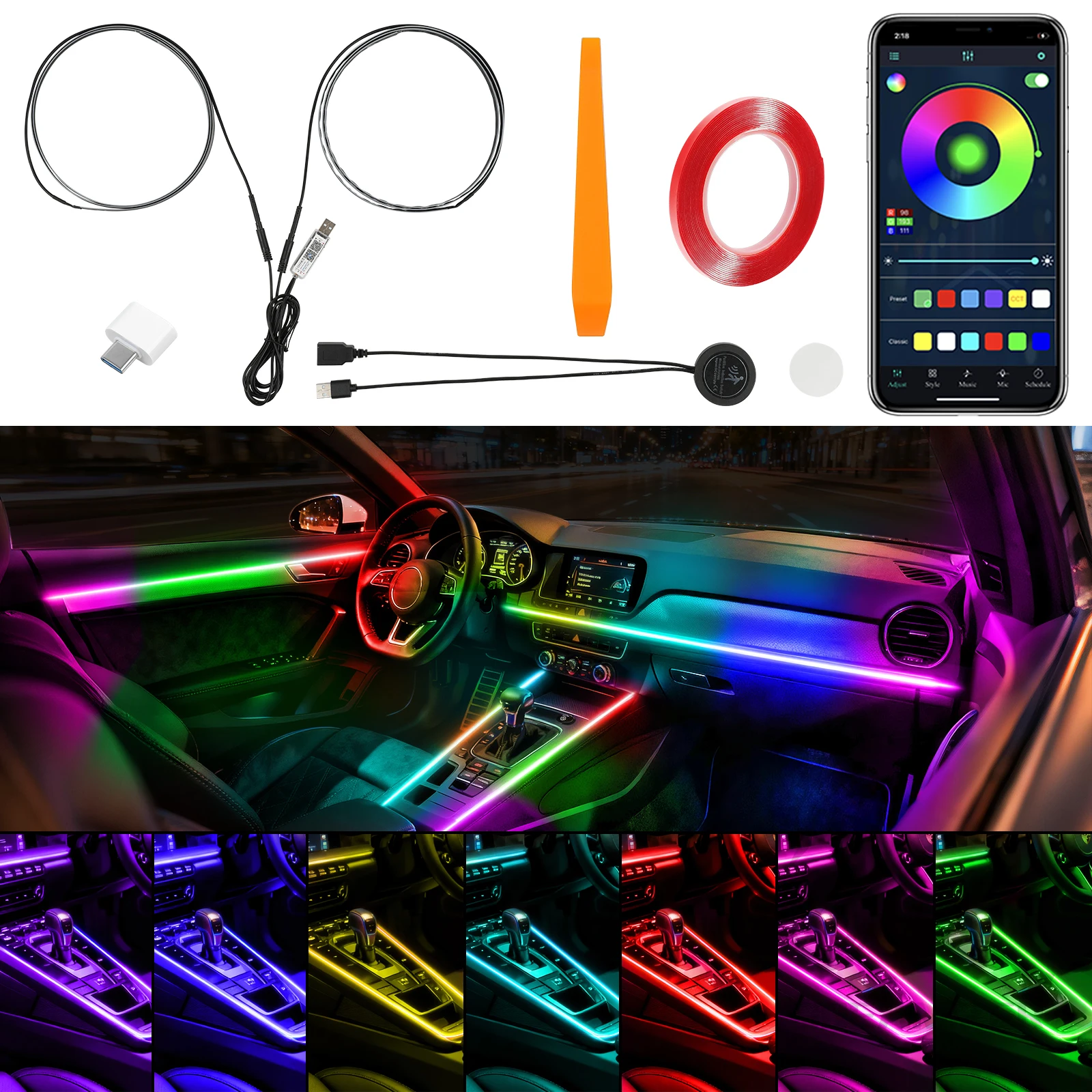 Interior Car LED Strip Lights For Car With Dynamic Dreamcolor Chasing Ambient Lighting Kits Music Sync Wireless APP