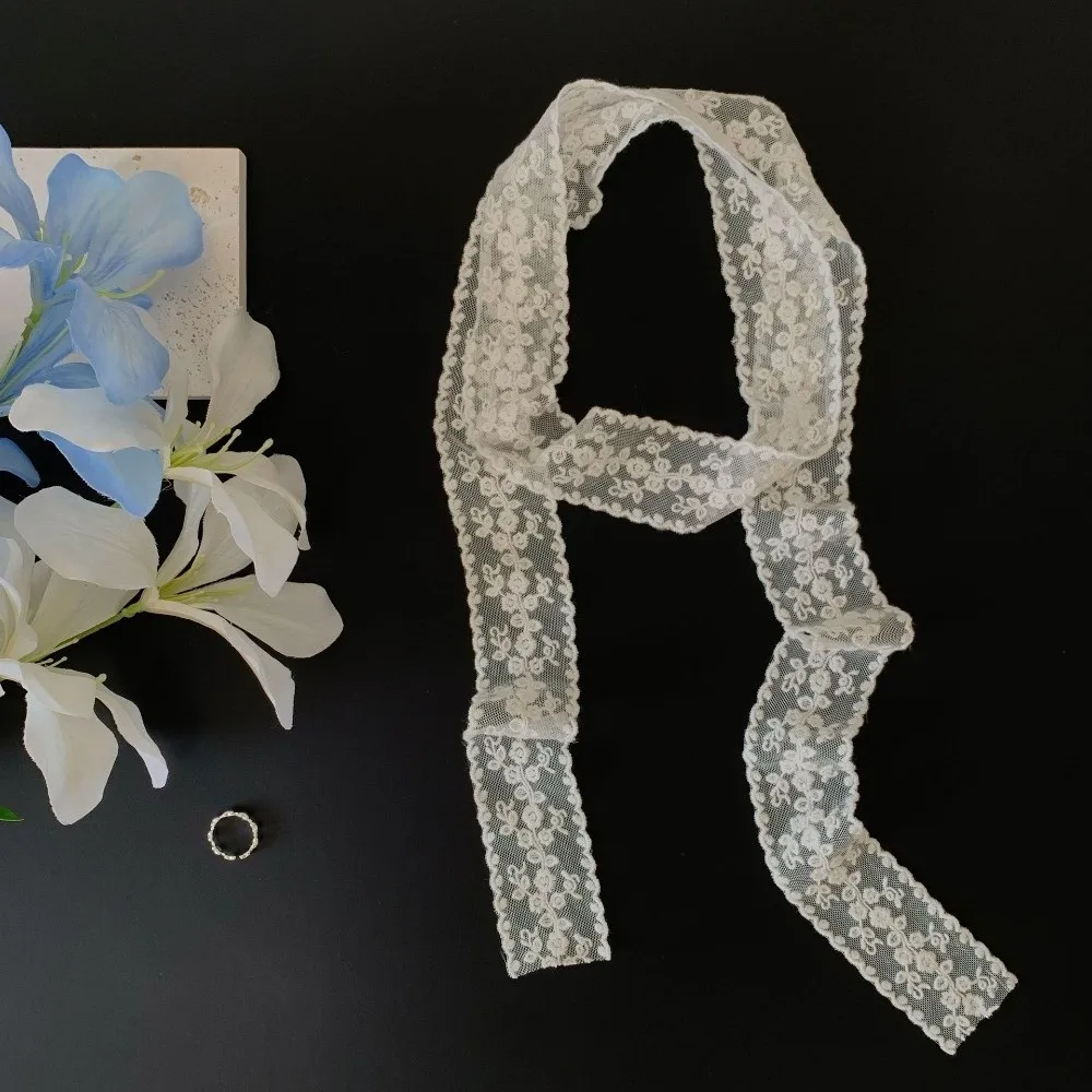 

Fashion Flower Lace Neck Scarf Lace Edge Long Slim Ribbon Headband Versatile White Beige Hairband Spring Summer