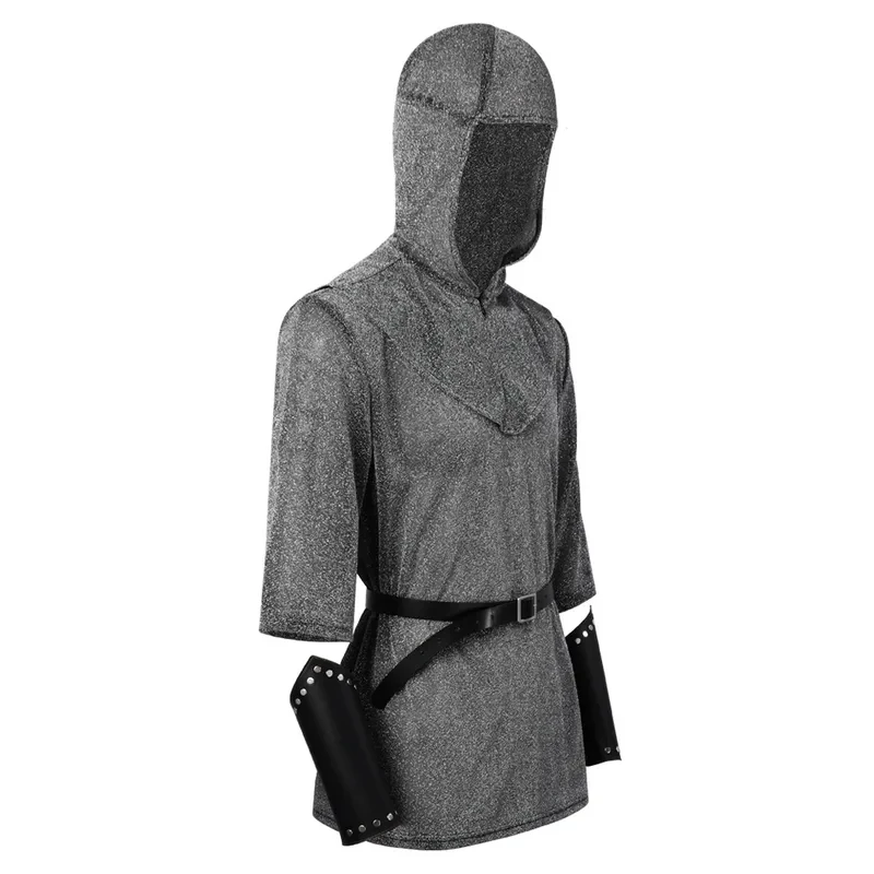 ❤2026❤ Anime Renaissance Faux Chain Mail Armor Tunic Shirt Coif Medieval Knight Cowl Crusader Costume Outfit Bracers Waist Belt❤ view 5