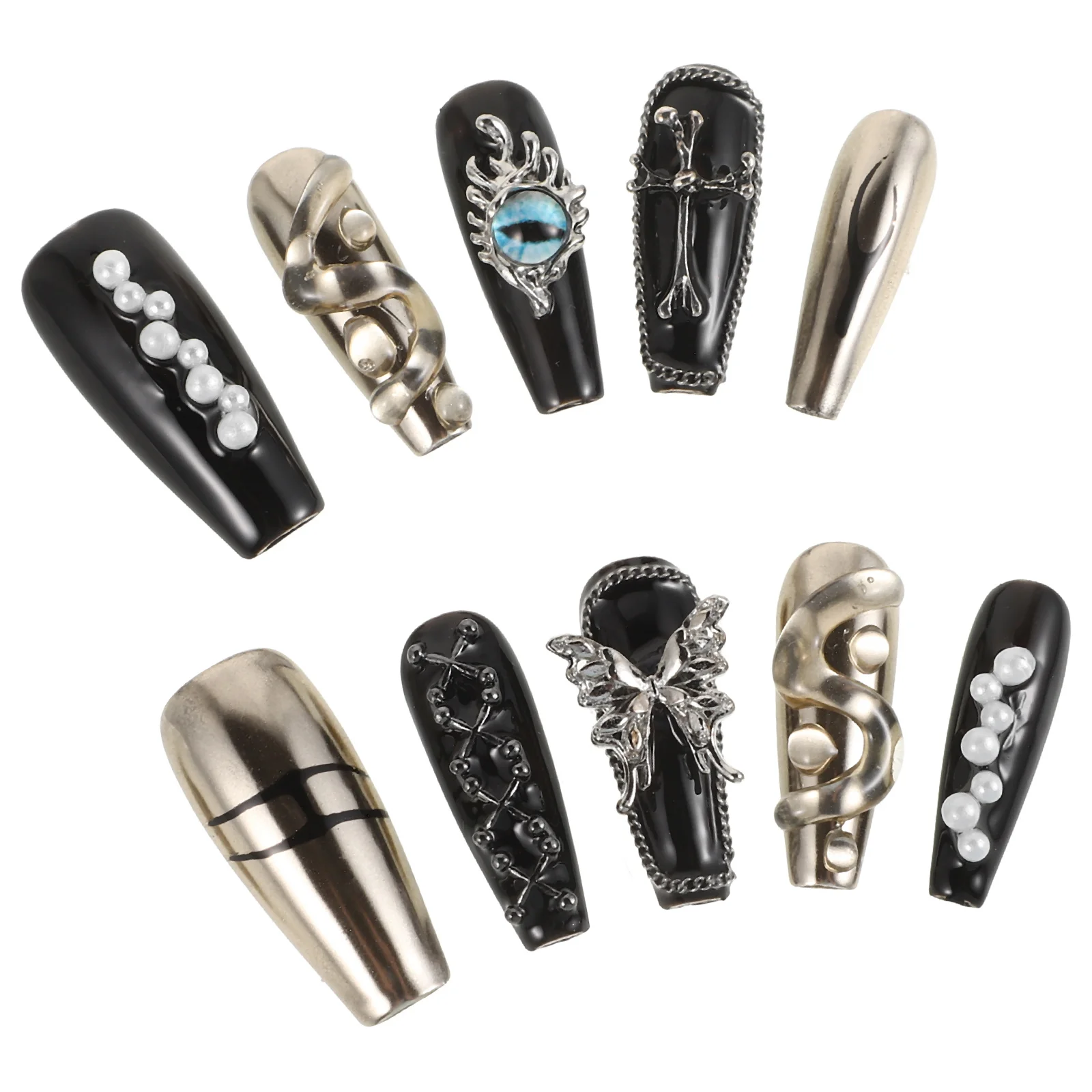 

10Pcs Black False Nails Press on Gothic Cross Full Cover Coffin Fake Nails for Halloween Nail Art