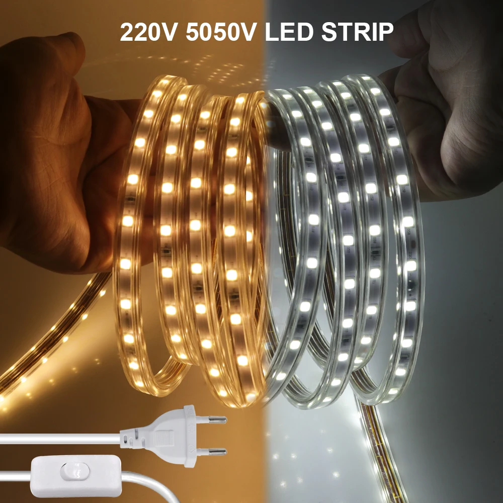 

5050 110V 220V LED Strip Light With EU UK US ON OFF Switch Power Plug 60LEDs/M Flexible Outdoor Waterproof Ribbon Tape Lamp Rope