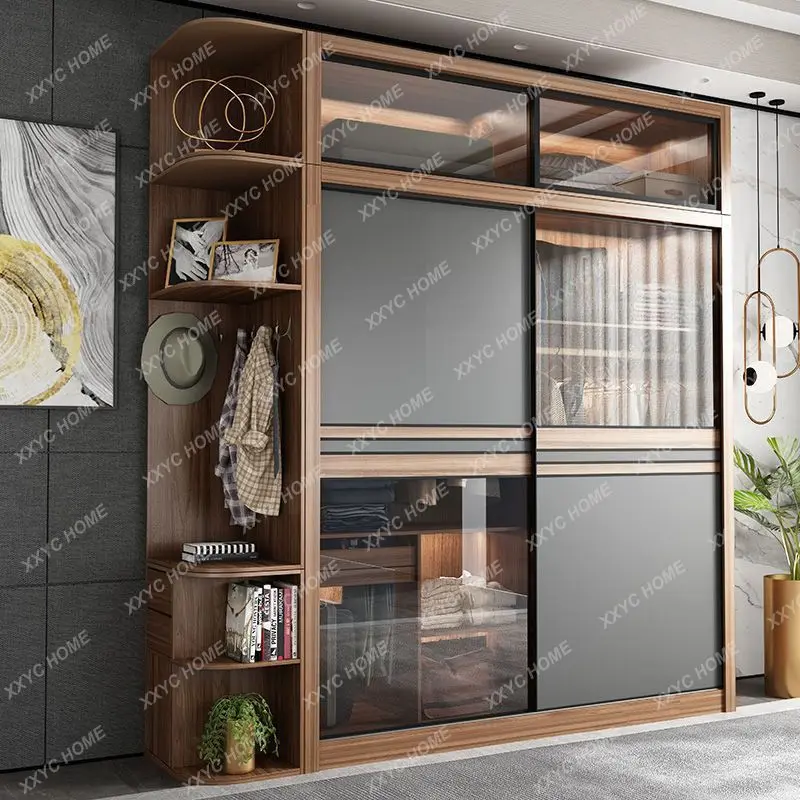 Simple Modern Household Bedroom Solid Wood Glass Sliding Door Assembly Overall Wardrobe