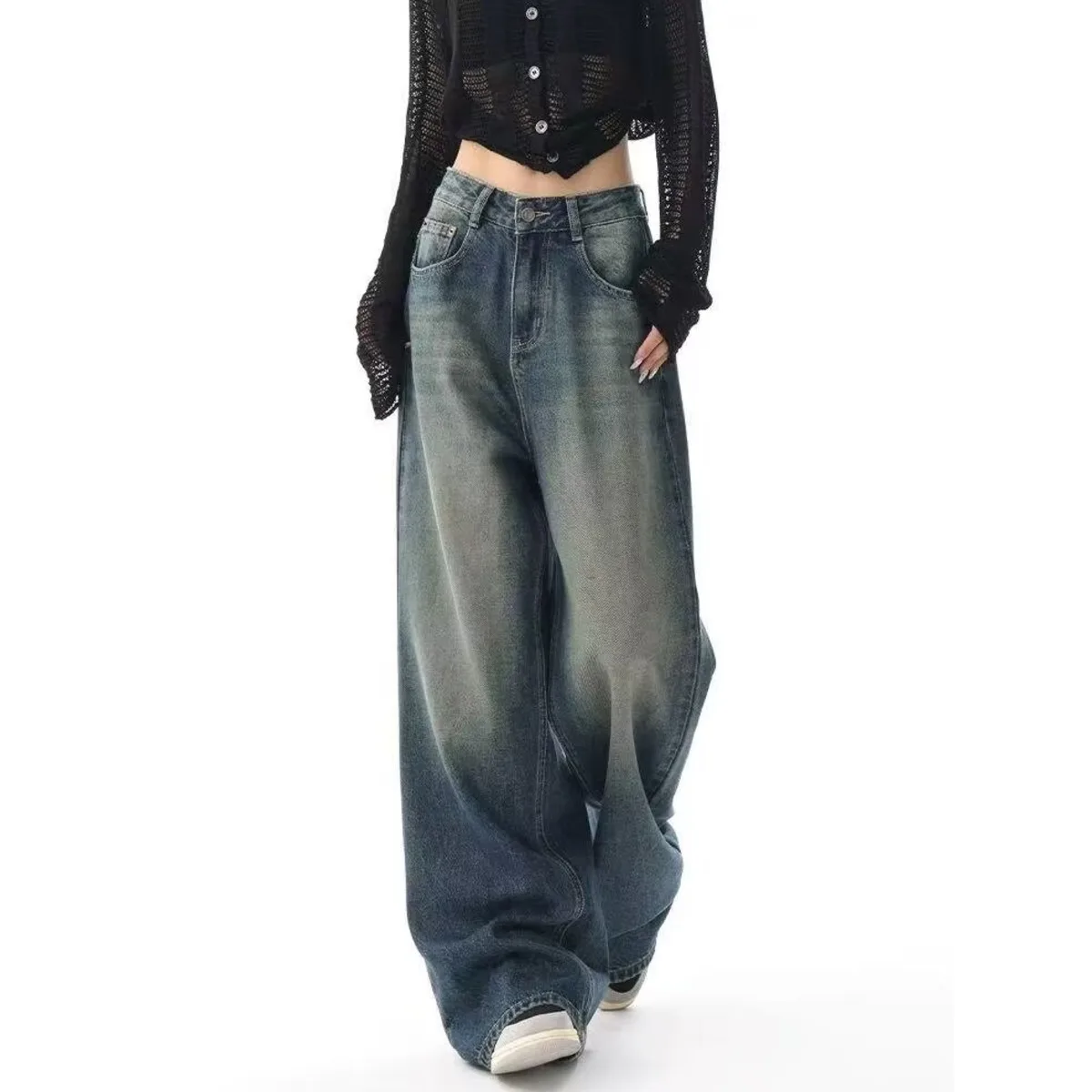New Washed Denim Pants For Women In Spring And Autumn, Retro Design, Loose Fit, Slimming And Wide Leg Pants