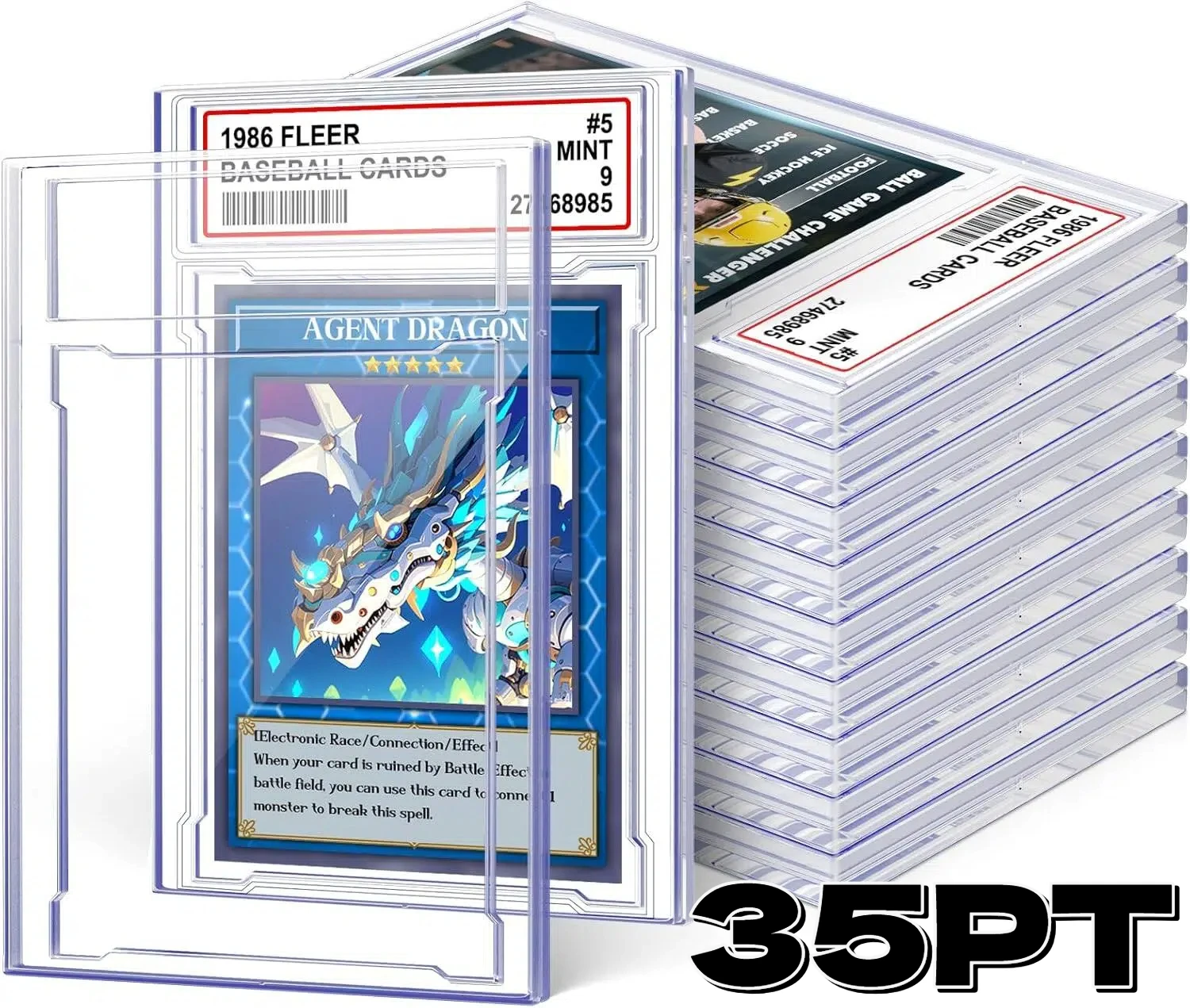 Étui de protection pour cartes gradées 35pt avec emplacement pour étiquette, compatible avec les cartes de sport standard et les cartes de baseball.