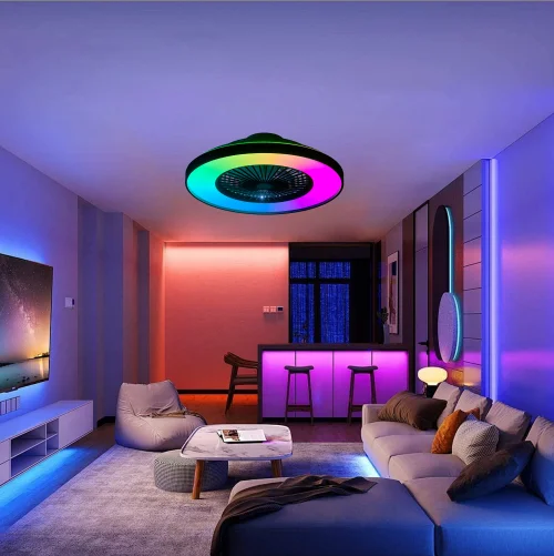 

23-дюймовый черный потолочный вентилятор с LED RGB подсветкой, регулировкой яркости и изменением цвета, управлением через приложение и пультом ДУ, современный умный потолочный вентилятор для дома