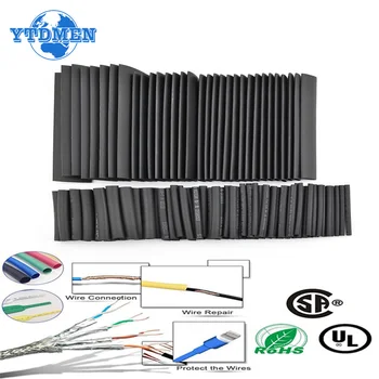 127 unids/lote Tubo termorretráctil 2:1 Kit de Tubo termorretráctil negro termorretráctil para Cables Tubo de aislamiento de alambre termorretráctil