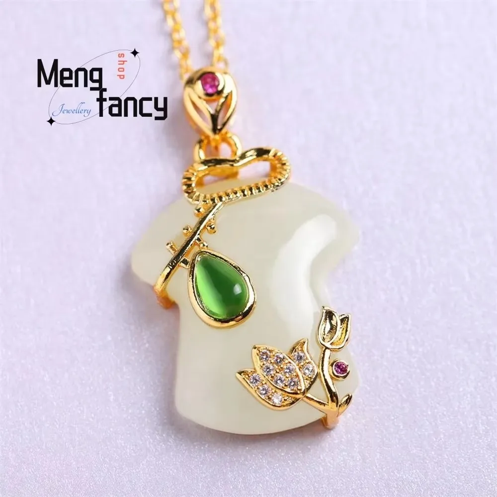 

Natural Sheep's Fat White Golden Silk Jade Inlaid Chinese Style Cheongsam Pendant Exquisite Best Selling Fashion Luxury Jewelry