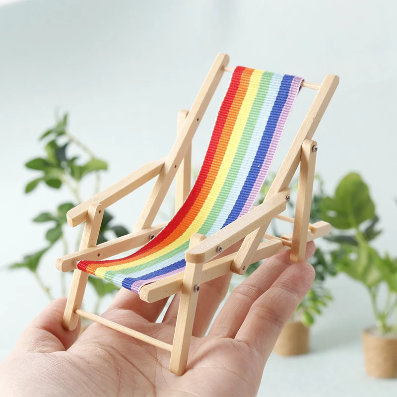 1:12 Dollhouse Rainbow Lounge Chair Foldable Beach Chair Model Dollhouse Mini Furniture Decor Toy Micro Scene Construction Prop