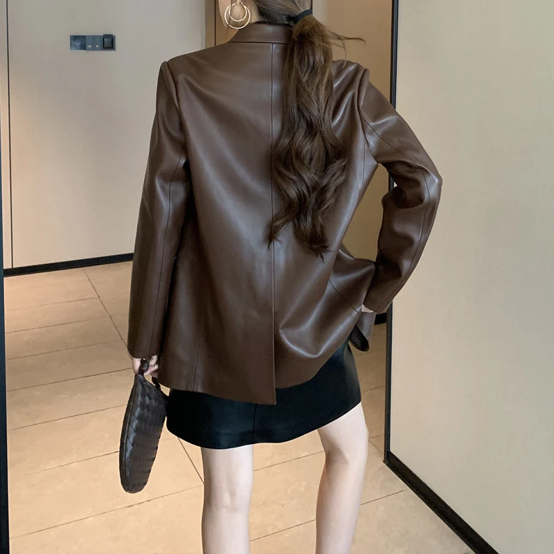Blazer chic en peau de mouton croisé pour femme, coupe décontractée café/noir, veste oversize en cuir fendu pour femme