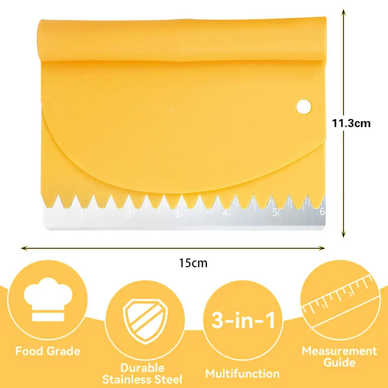 3-in-1 Dough Scraper Set Stainless Steel Bench Scraper with Measurements Bowl Scraper&Cake Scraper Pastry Bread Pizza Cake Tools