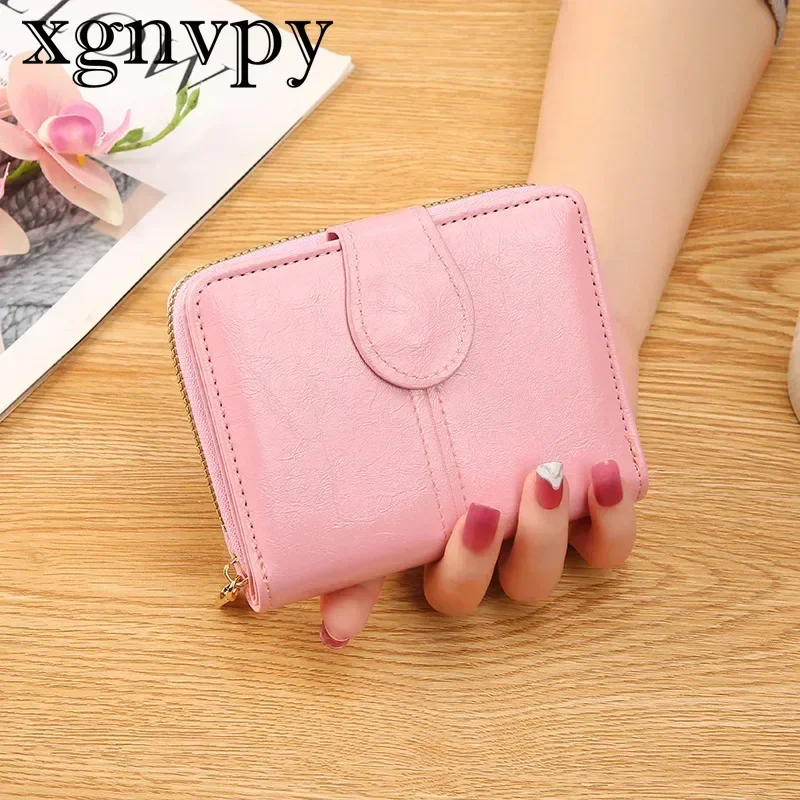 xgnvpy New Women's Short Card Bag Student Cute Little Fresh Zipper Handbag Soft Leather Clip Two Fold Coin Purse Wallet