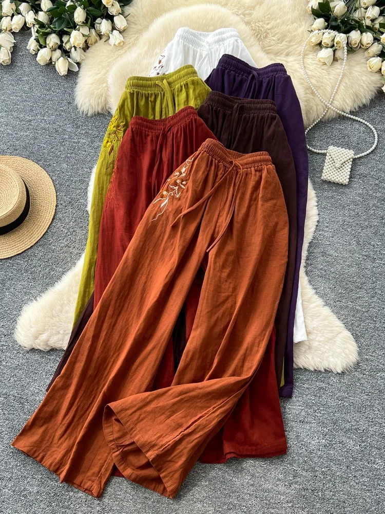 Elegant Slimming Embroidered High Waist Wide Leg Pants Women's Casual Loose Fitting Concealing Long Trousers Spring 2026