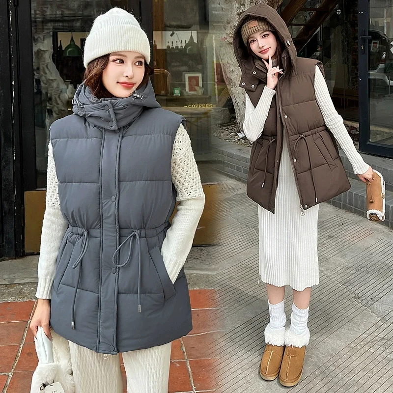 

Autumn Winter Women Puffer Parkas Vest Fashion Warm Hooded Mid Long Down Coat Parka Ladies Sleeveless Waistcoats Chaleco Mujer