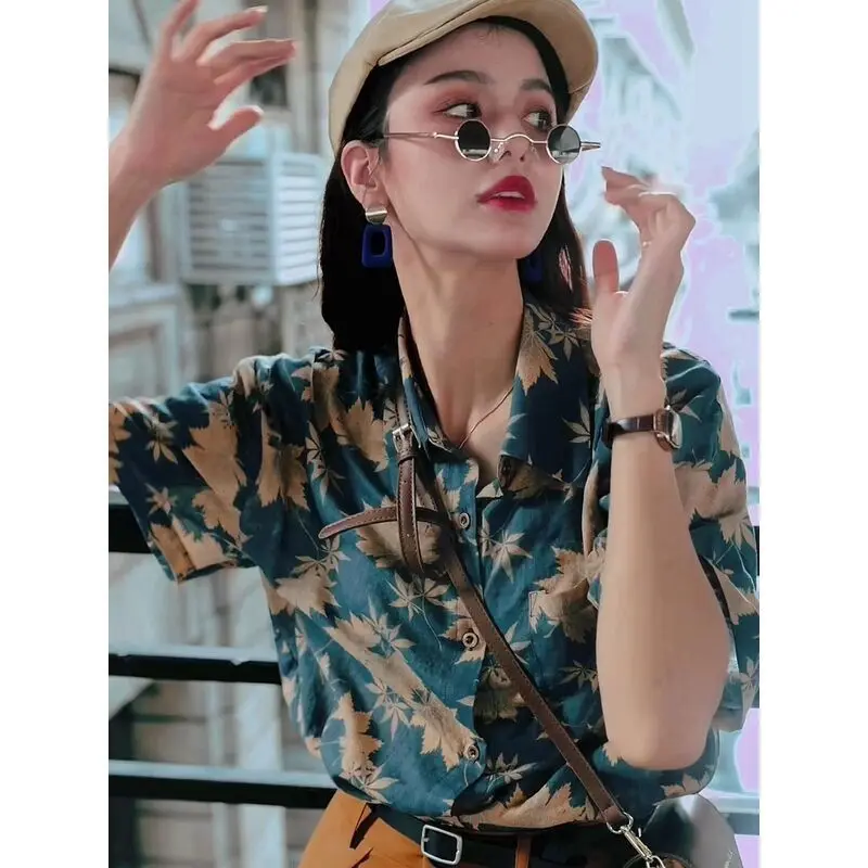 Women's Fashion Casual Loose Short Sleeve Shirt New Summer Retro Hong Kong Style T-shirt Hip Hop Alphabet Print Shirt Half Sleev