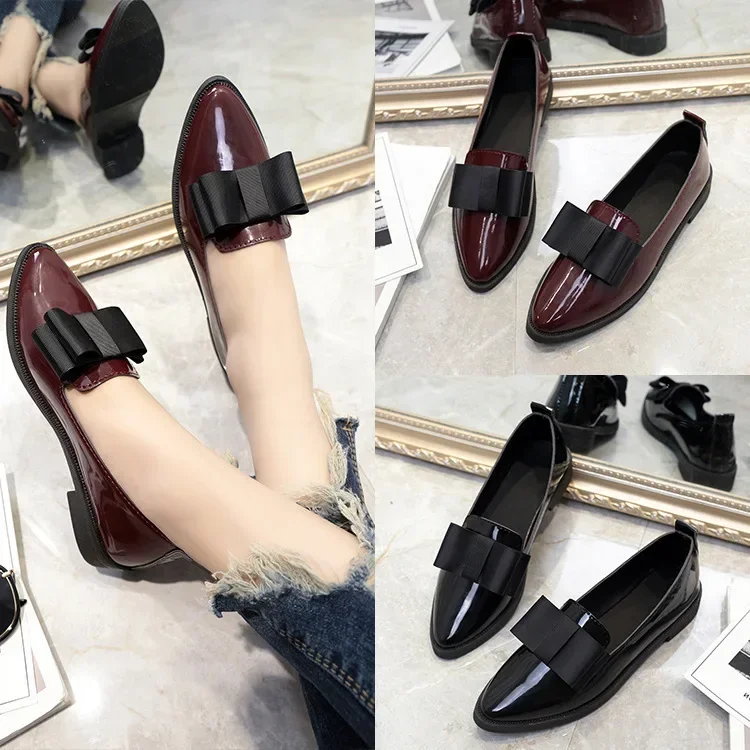 Bow Women Flats Shoes Patent Leather Ballerina Shoes Low Heels Female Loafers Pointed Toe Dress Woman Thick Heel Shoes Zapatos