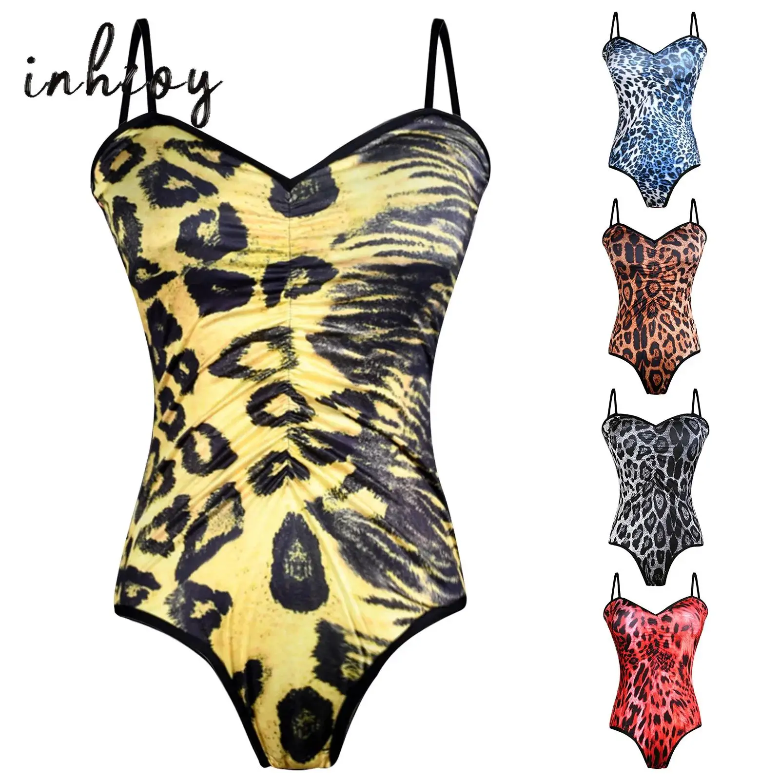 

Womens Leopard Printed Latin Sling Leotard Ruched Front Openable Crotch Camisole Bodysuit Jumpsuit Pole Dance Costume Swimwear