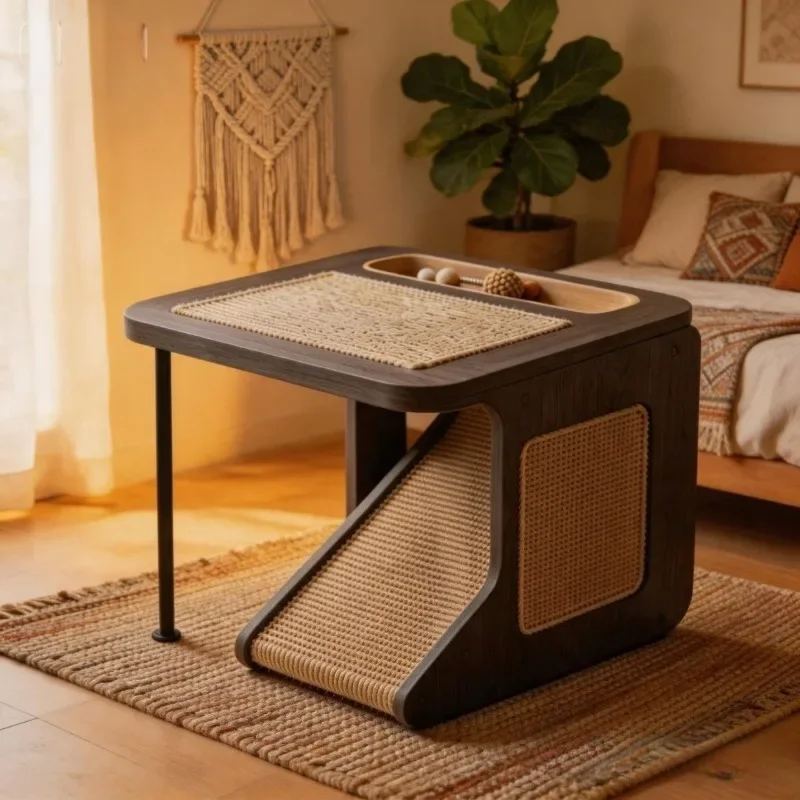 Solid Wood Multi-Functional Cat Scratching Coffee Table Anti-Scratch Furniture Pet Side Table for Household