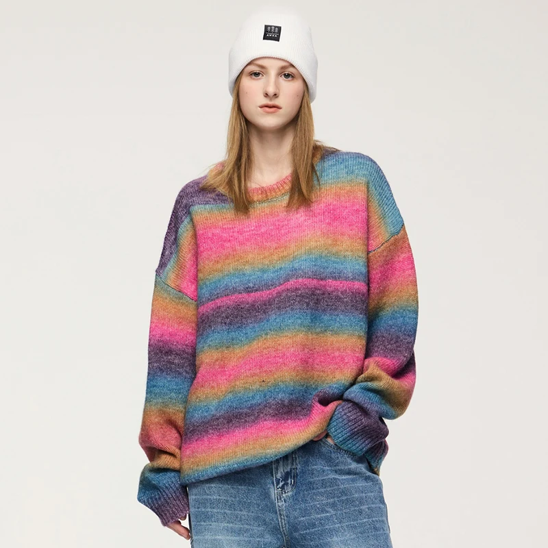 Gradient Contrasting Color Striped Sweater Men's and Women's Autumn and Winter Fashion Street Lazy Couple round Neck Warm Top