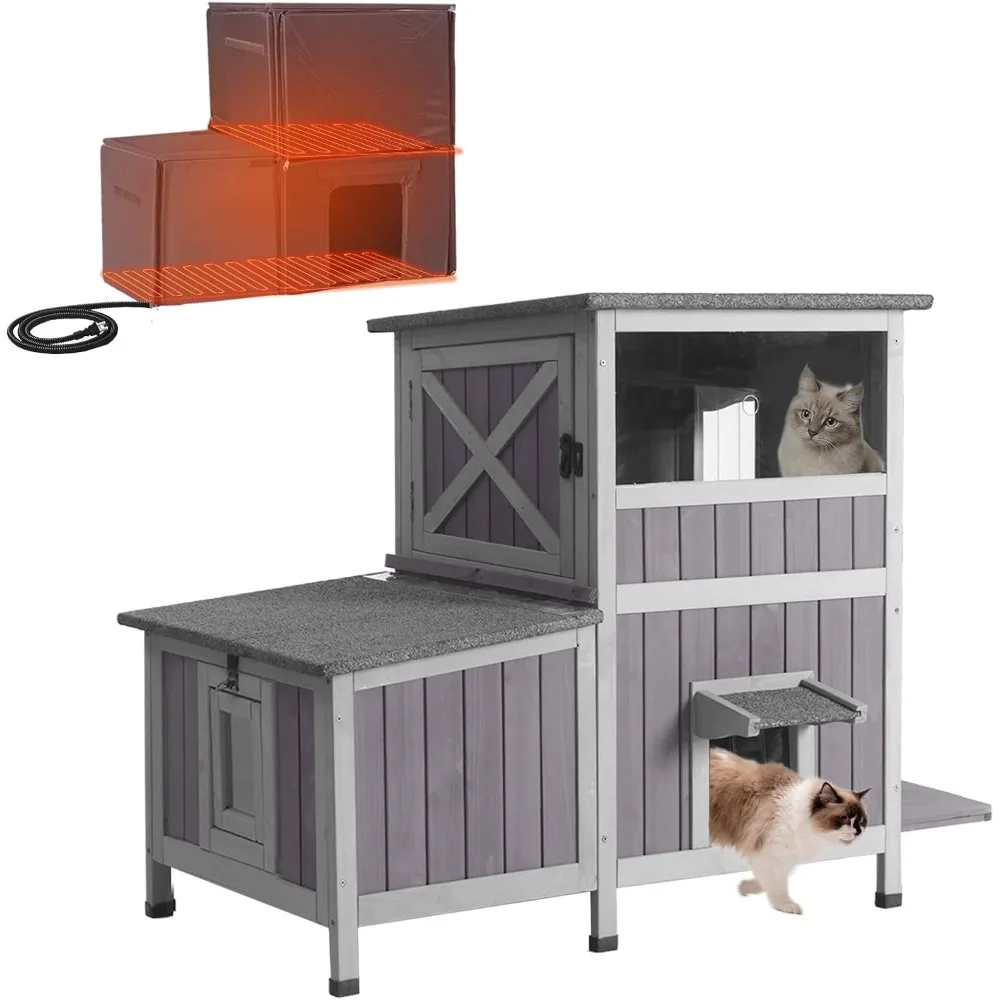 Large Heated Outdoor Cat House Insulated Weatherproof Feral Cat Shelter with 2 Layer, Wooden Kitten Condo with Three E