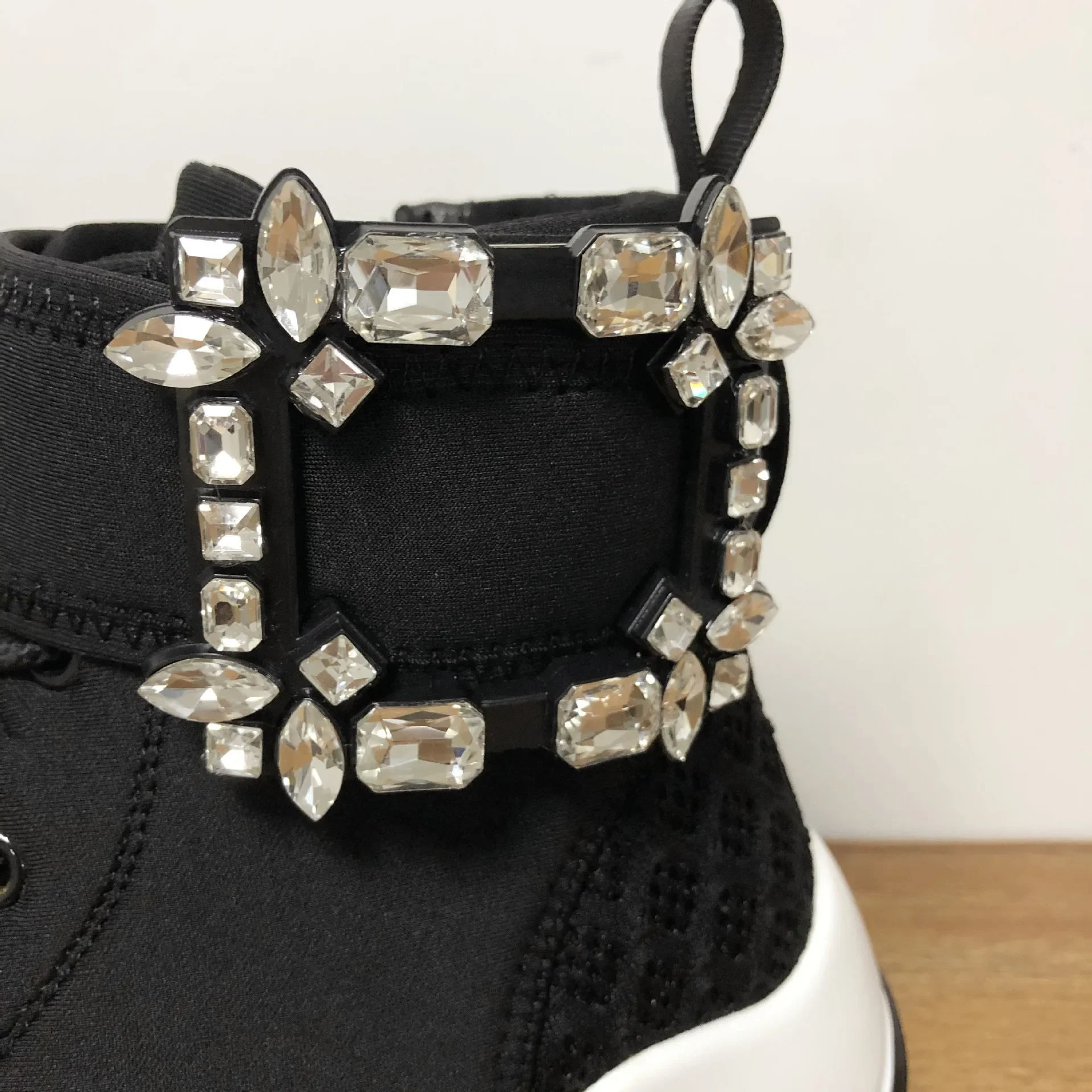 Women Mesh Breathable Square Diamond Crystal Decor Sneakers Buckle Real Leather Casual Clunky Dorky Dad Shoes Ankle Boots Summer