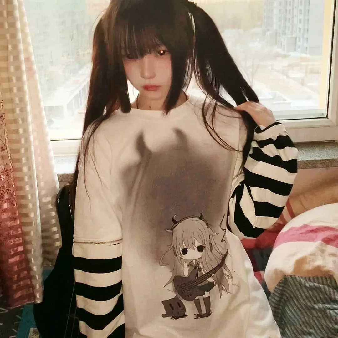 New Fashion Long Sleeve T Shirt for Women Girl Japanese Harajuku Streetwear Emo Alt Egirl Striped Tshirt Tops Clothing
