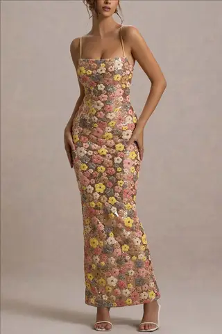 Sommar Kvinnor Blommor Paljett Patchwork Slim Fest Lång Klänning Axelbandslös Mode Maxiklänning, Sexig Ärmlös Damklänning Vestidos 10 best sales retrofete-klänning - №8