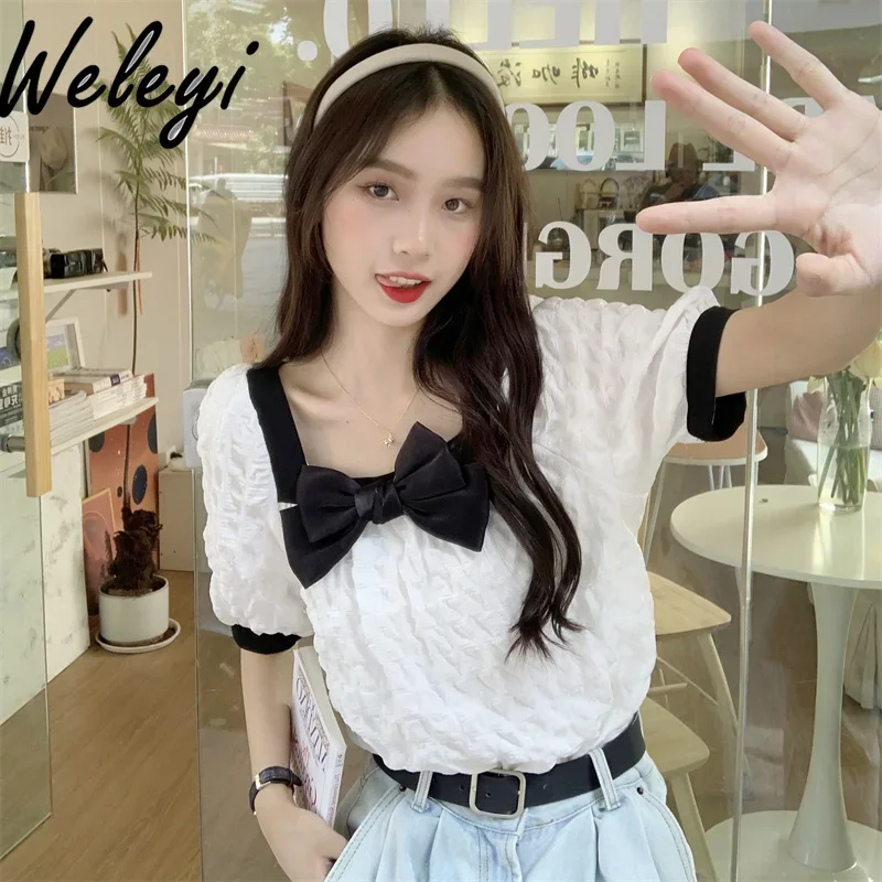 Large Size Sweet Square Neck Bow Top for Women Summer New French Women's Shirts Loose Bubble Short Sleeve White Blouse Femme