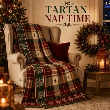 Vintage Christmas Tartan Plaid Throw Blanket, Holly Snowflake Border Holiday Flannel Blanket