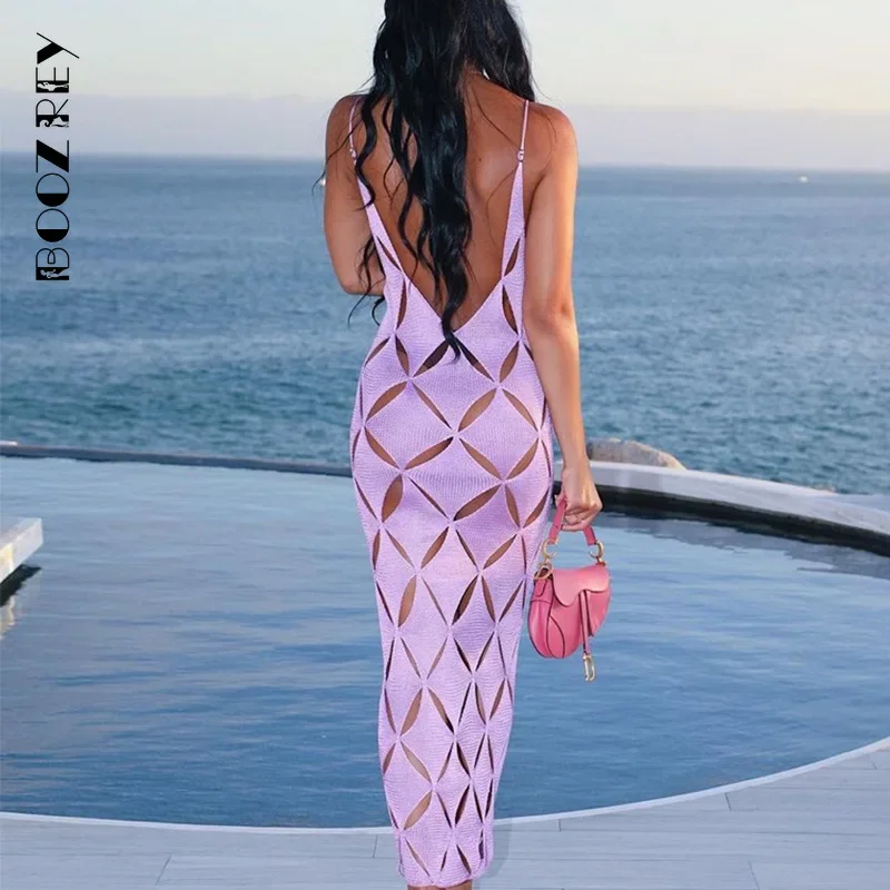 BoozRey Elegant Geometric Maxi Dress Women Evening Spaghetti Strap Backless Hollow Out Robe High Street Hole Lady Long Dresses