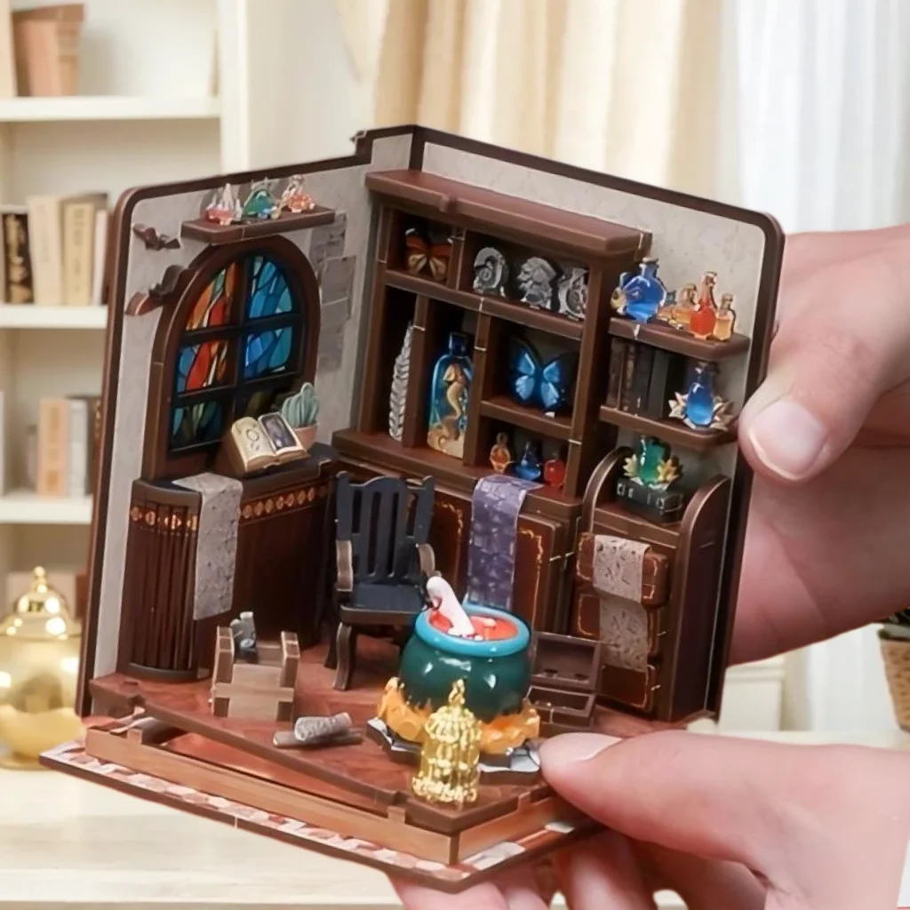 لغز خشبي ثلاثي الأبعاد ورشة عمل الكيمياء الرئيسية نموذج منزل مصغر لتقوم بها بنفسك عدة هدية حرفية إبداعية للبالغين ديكور المنزل #4