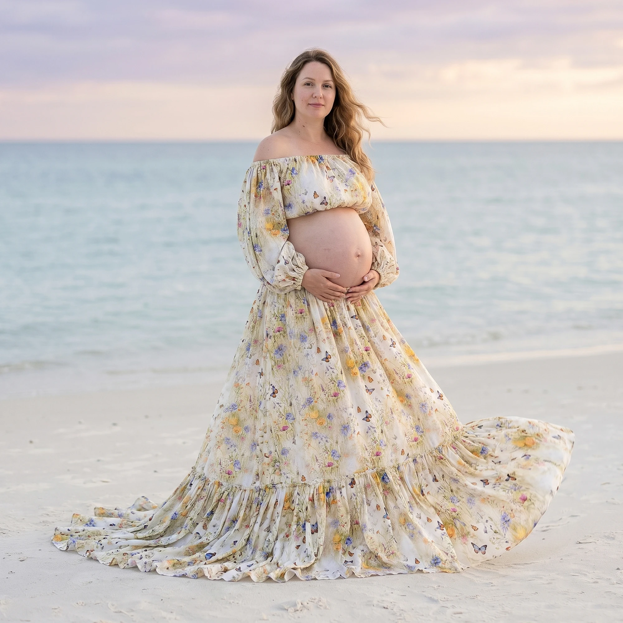 Don&Judy Butterfly Dance Floral Field Brocade Cotton Fabric Print Two-Piece Set Maternity and Non-maternity Gown Photography