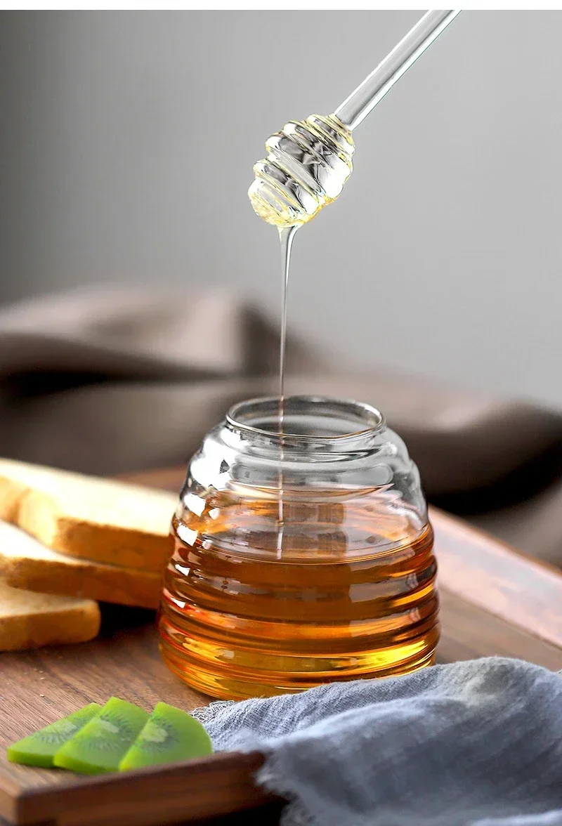 Glass Honey Jar with Lid Transparent Jam Jar Creative Striped Bottle Glass Home Kitchen Honey Storage Container with Mixing Rod