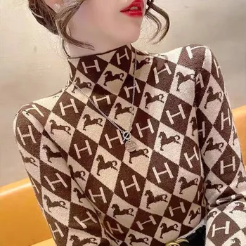 เสื้อผ้าผู้หญิงElegantแฟชั่นครึ่งคอPulloversฤดูใบไม้ร่วงฤดูหนาวChic Slim Letterเสื้อกันหนาวOffice Lady All-MatchถักTop