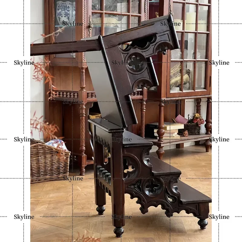 Vintage Gothic Solid Wood Carved Flower Dining Chair Hollow Antique Design Multi Functional Folding Ladder Chair for Living
