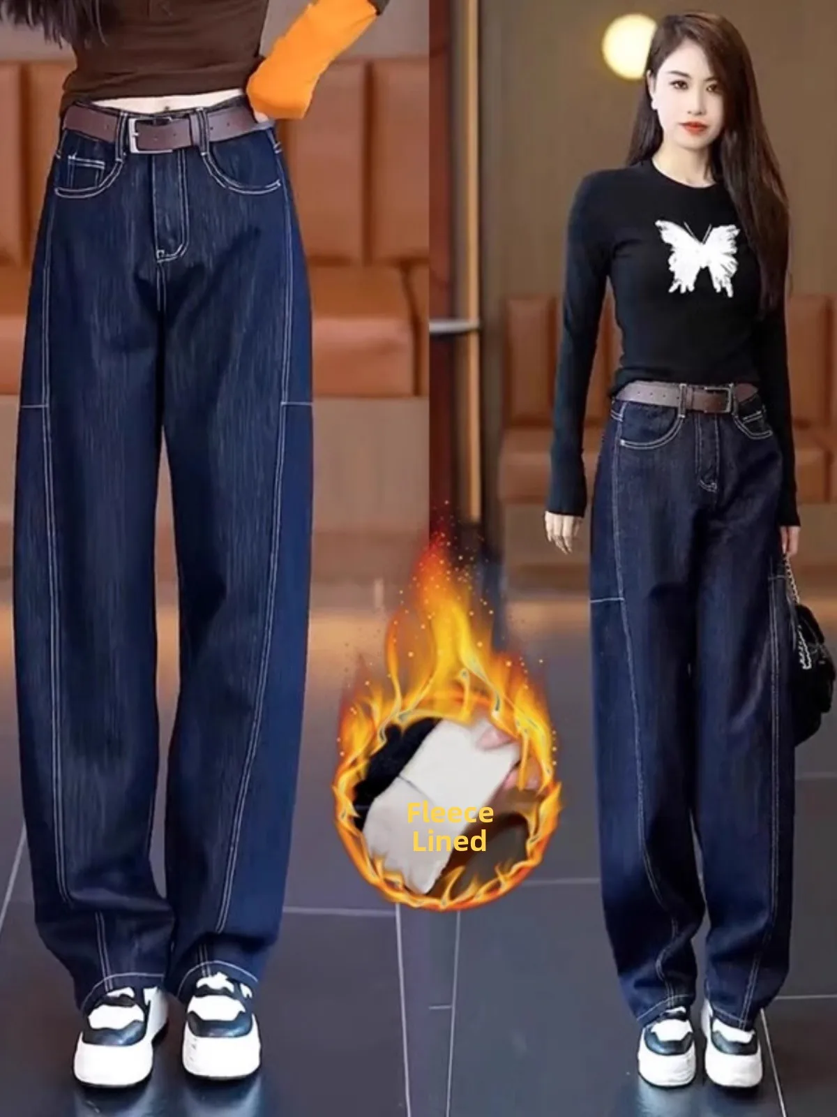 

Женские широкие джинсы на подкладке Fce, брюки с высокой талией, свободный крой, весенне-осенние брюки-банан с высокой талией