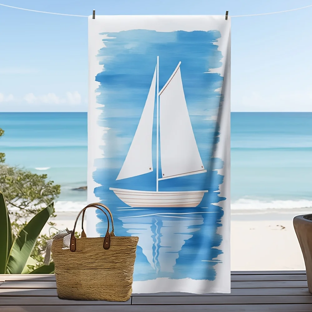 Nautical Theme Towel Simple Sailboat Blue Gradient Seaside Relaxation Lightweight Essential
