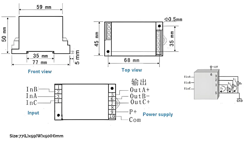 Conexión trifásica de carril DIN 0-5VAC 0-50VAC 0-100VAC a 4-20mA 0-10V Transmisor de señal Transductor de voltaje CA