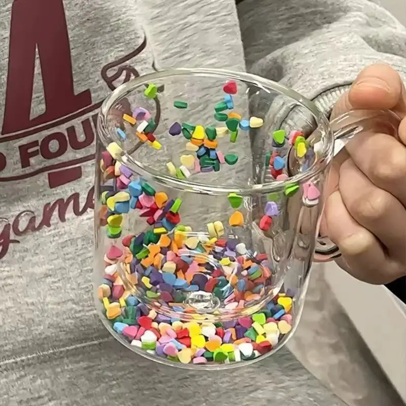 

LTT Cute Little Fresh Love Quicksand Cup Double Wall Glass Drink Mug with Handle