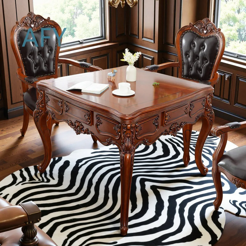 European Style Solid Wood Mahjong Table 100cm Square for Home Use Dining Table Dual Function Electric Automatic Mahjong Table