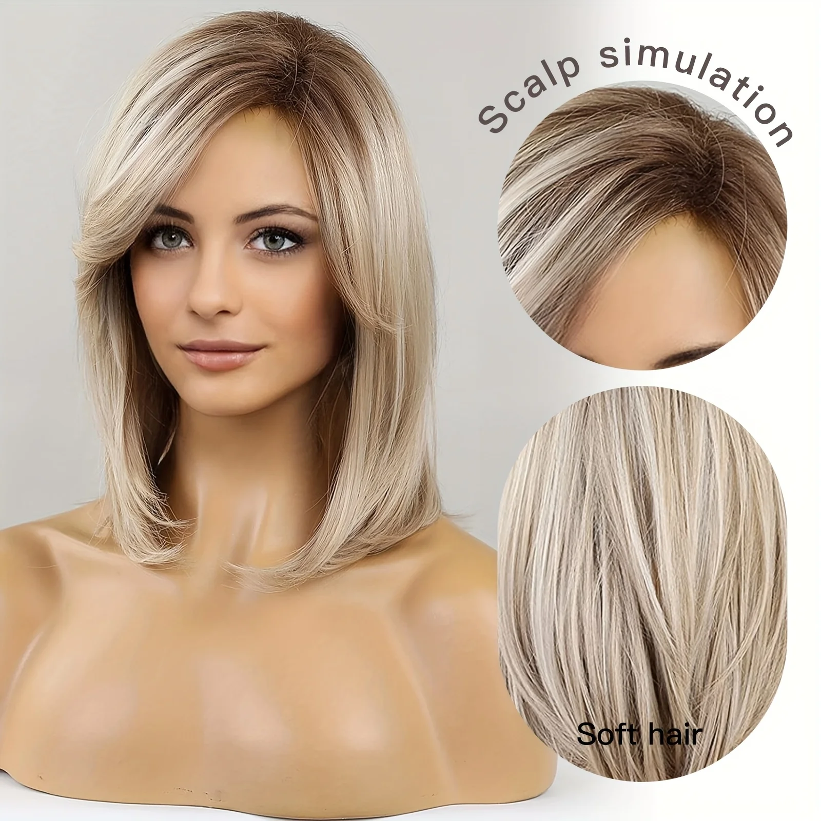 Blonde Ombre Straight Synthetic Wig Golden Brown Medium Length Wig with Bangs for Women Heat Resistant Smooth Hair for Daily